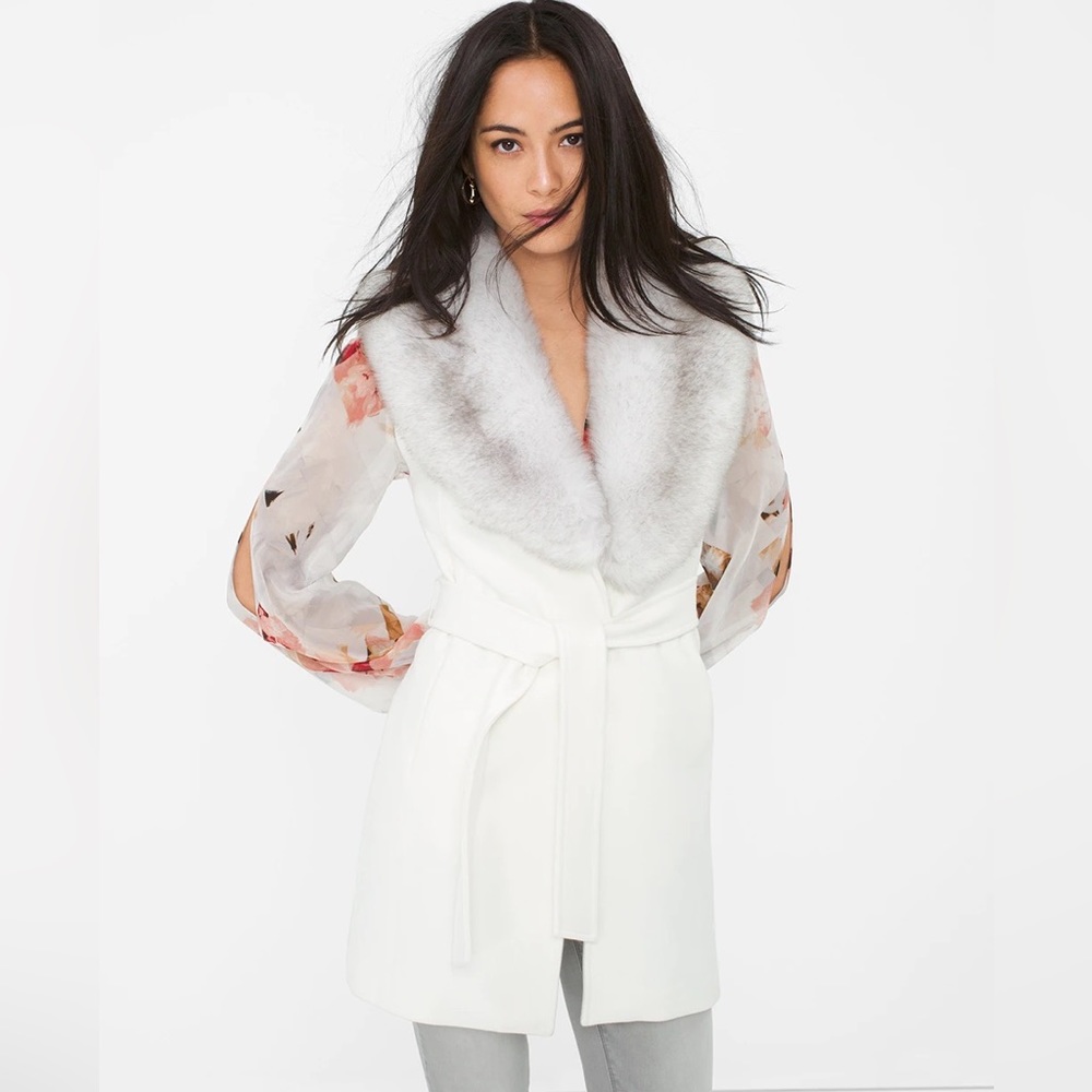 WHBM Faux Fur-Collar Wrap Vest S/M Beautiful Gray & Off-White Ivory